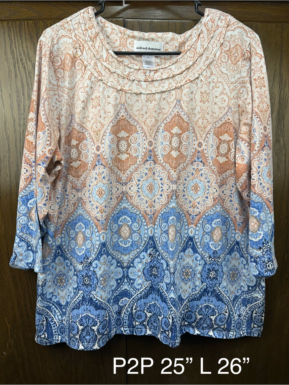 Alfred Dunner Cream and Blue Ombre Medallion Long-Sleeve Top
